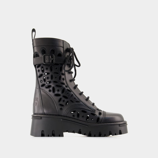 Bottines Lacées Combat - Valentino - Cuir - Noir