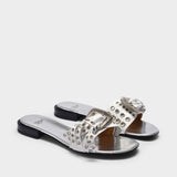 Sandales Plates en Cuir Argenté et Blanc