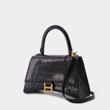 Sac Hourglass Top Handle S en Cuir Embossé Crocodile Noir