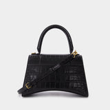 Sac Hourglass Top Handle S en Cuir Embossé Crocodile Noir