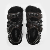 Sandales Multi-Strap Fourrées en Cuir Noir