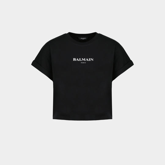 T-Shirt Vintage Print Crop - Balmain - Coton - Noir