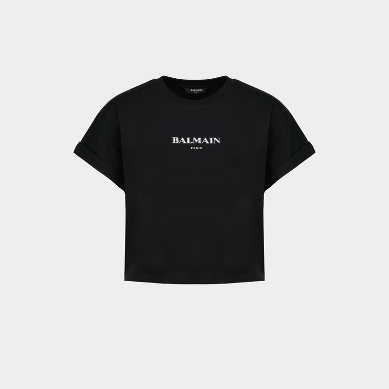T-Shirt Vintage Print Crop - Balmain - Coton - Noir