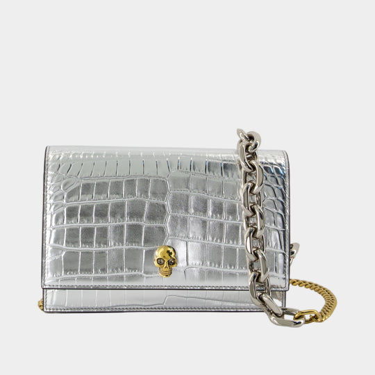 Wallet On Chain Small Skull - Alexander McQueen - Cuir - Argenté