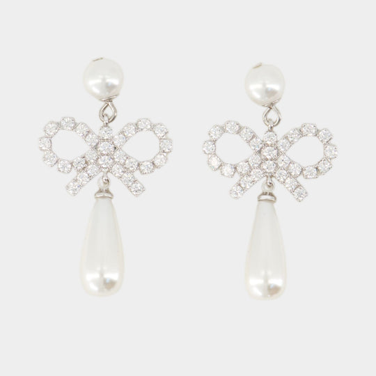 Boucles D'oreilles Pearl Bow Droplet - SELF PORTRAIT - Argent - Blanc
