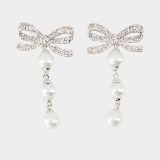 Boucles D'oreilles Bow Tiered Pearl - SELF PORTRAIT - Argent - Blanc