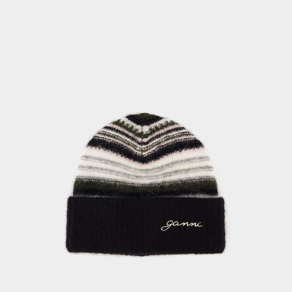 Bonnet Striped Soft - Ganni - Laine - Noir