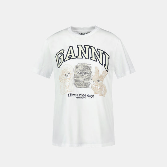 T Shirt Basic Animals - Ganni - Coton - Blanc