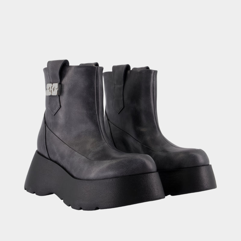Bottines Kat Low Vintage - Ganni - Cuir - Gris