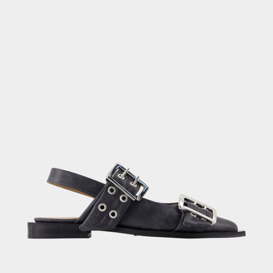 Ballerines Feminine Buckle Vintage - Ganni - Cuir - Gris