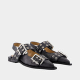 Ballerines Feminine Buckle Vintage - Ganni - Cuir - Gris