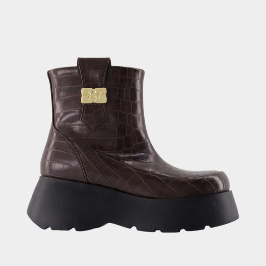 Bottines Kat Low Croco - Ganni - Cuir - Marron