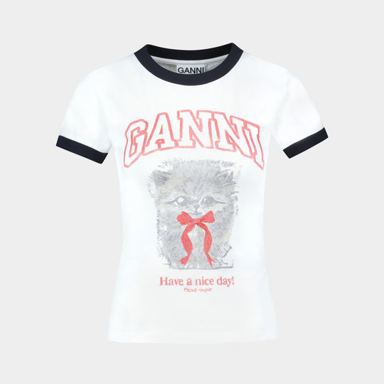 T-Shirt Margot Kitty Print - Ganni - Coton - Blanc