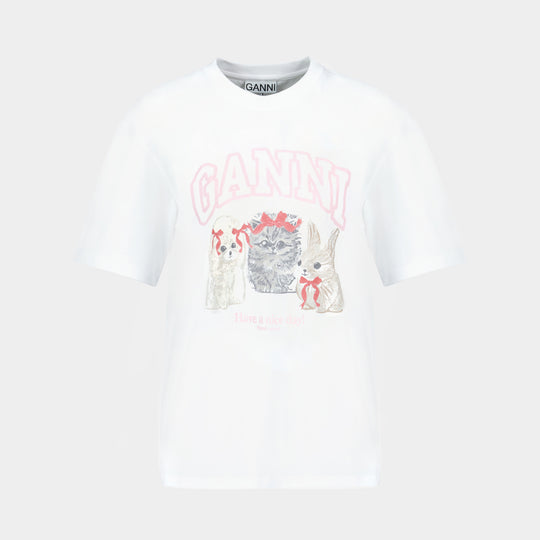 T-Shirt Basic Cotton Jersey Cute Animals - Ganni - Coton - Blanc