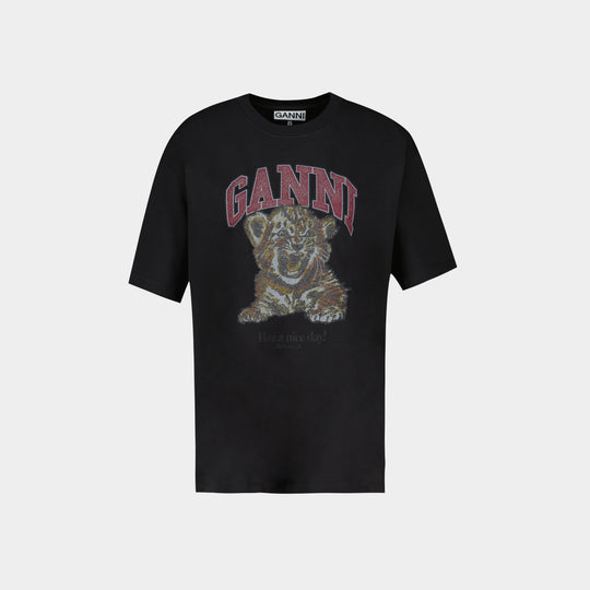 T-Shirt Heavy Cotton Jersey Tiger Caviar - Ganni - Coton - Noir