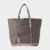 Sac Cabas L + Zippé Toile et Paillettes en Coton Anthracite