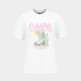 T-Shirt Boots Print - Ganni - Coton - Blanc