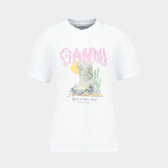 T-Shirt Boots Print - Ganni - Coton - Blanc