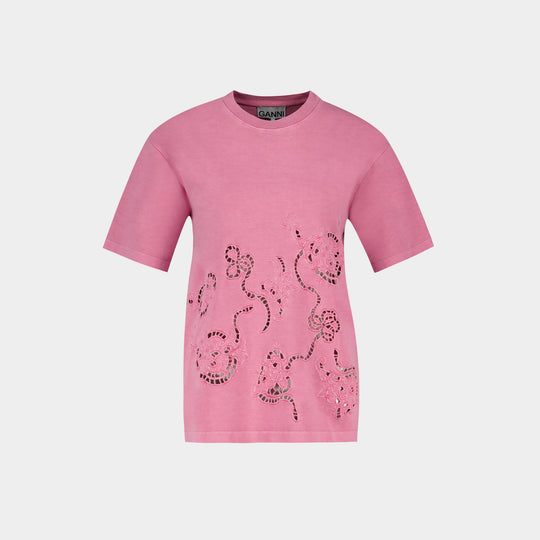 T-Shirt Embroidery Anglais - Ganni - Coton - Rose