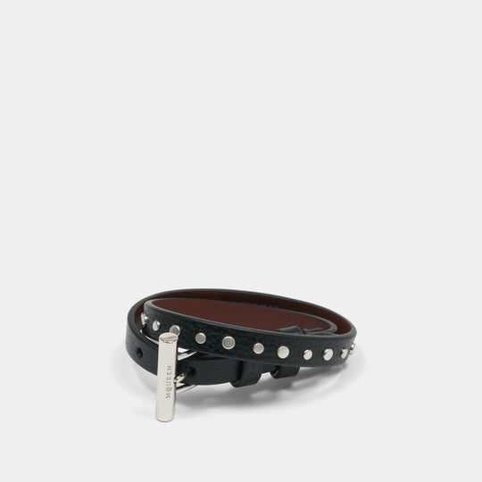 Bracelet T-Bar Double Wrap - Alexander McQueen - Cuir - Noir