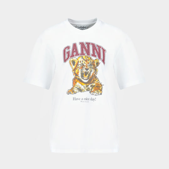 T-Shirt Beaded Baby Tiger Print - Ganni - Coton - Blanc