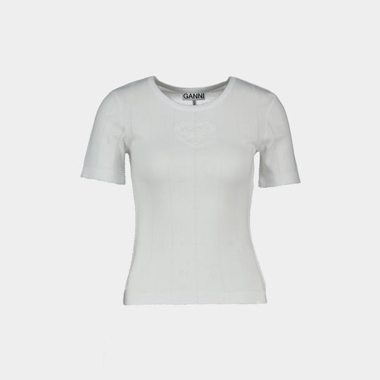 T-Shirt Compact Pointelle - Ganni - Coton - Blanc