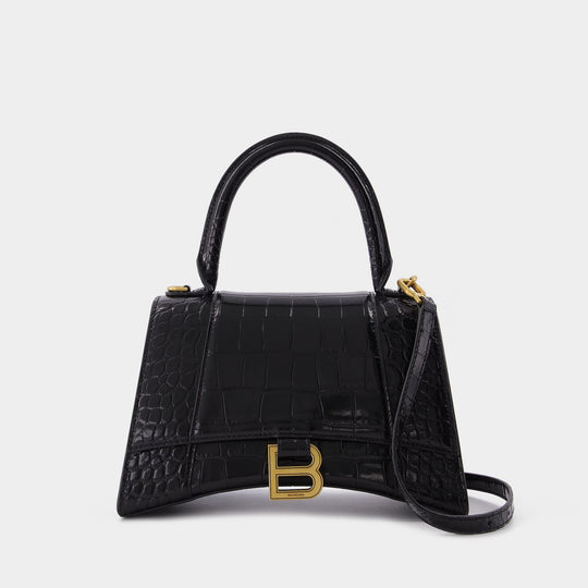 Sac Hourglass Top Handle S en Cuir Embossé Crocodile Noir