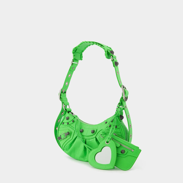 Sac Le Cagole XS en Cuir Embossé Crocodile Vert Fluo