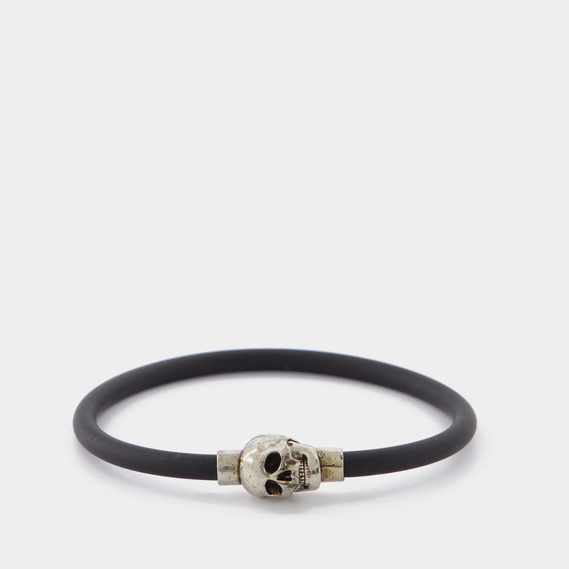 Bracelet en Corde Caoutchouc Skull en Laiton Argenté / Noir