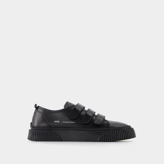 Baskets Low-Top Velcro in Cuir Noir