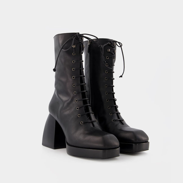 Bottes À Lacets en Cuir Noir