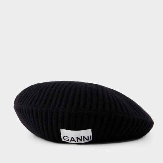 Chapeau Rib Beret - Ganni - Laine - Noir