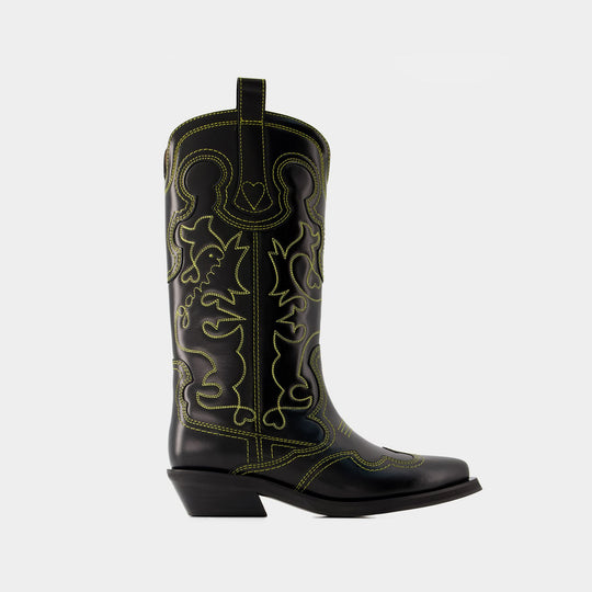 Bottes Mid Shaft Western - Ganni - Cuir - Noir