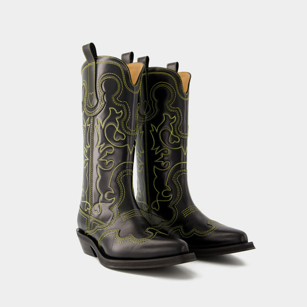 Bottes Mid Shaft Western - Ganni - Cuir - Noir