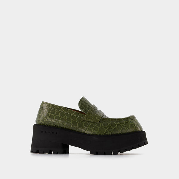 Mocassin Platforme Croco en Cuir Kaki