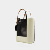 Tote Bag Shopping N/S W/Pocket - Marni - Cuir - Blanc Soie/Noir