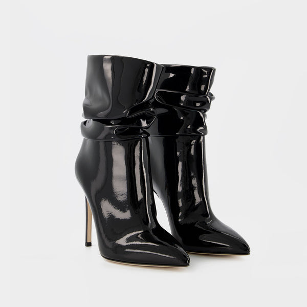 Bottines Stiletto Slouchy en Cuir Verni Noir