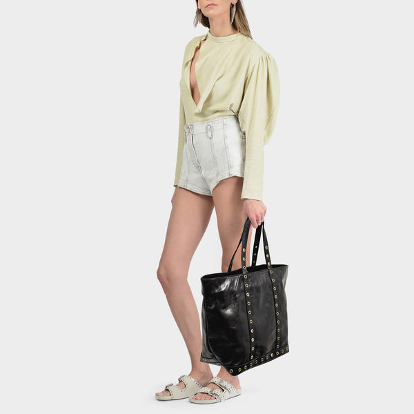 Sac Cabas Moyen en Cuir Craquelé Noir