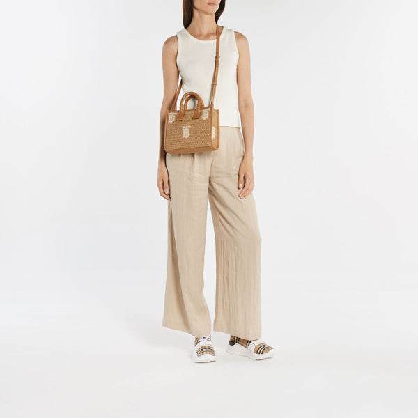 Sac à bandoulière Note - Burberry - Rafia et cuir caramel