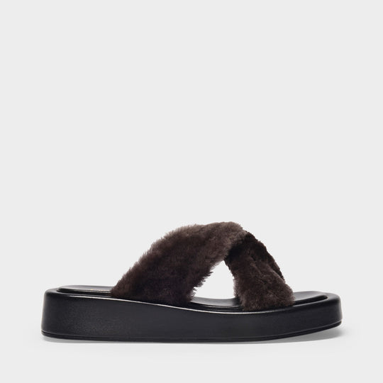 Sandales Tresse Shearling Platform en Cuir Marron