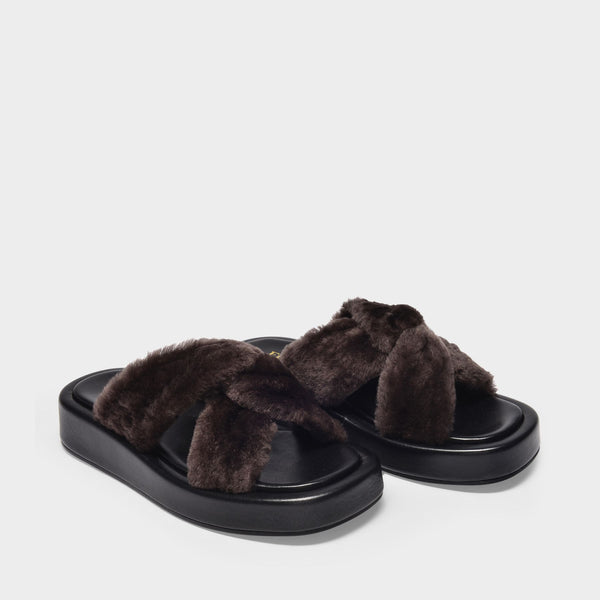 Sandales Tresse Shearling Platform en Cuir Marron