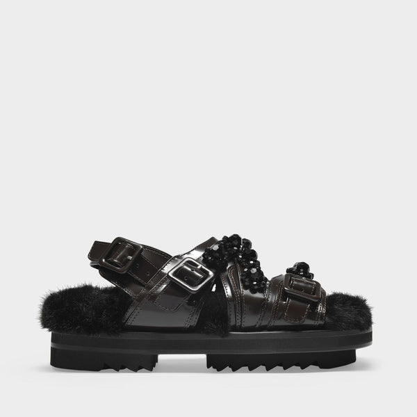 Sandales Multi-Strap Fourrées en Cuir Noir
