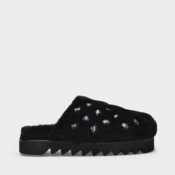 Sabots en Cuir Noir et Fourrure