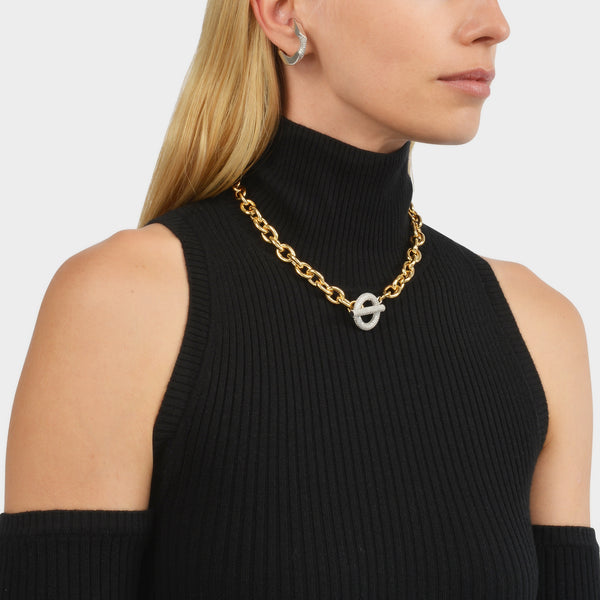 Collier Pave T-bar Chain en Laiton Plaqué Or 16K et Zircons